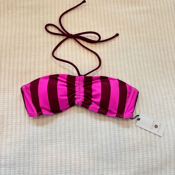 Shade & Shore Women's Bandeau Halter Tie Bikini Top Pink Bold Stripes NWT S 4/6 - Picture 1 of 4